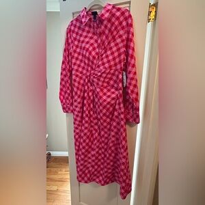 Red and Pink Checkered Long Sleeve Shirt Dress with collar midi length